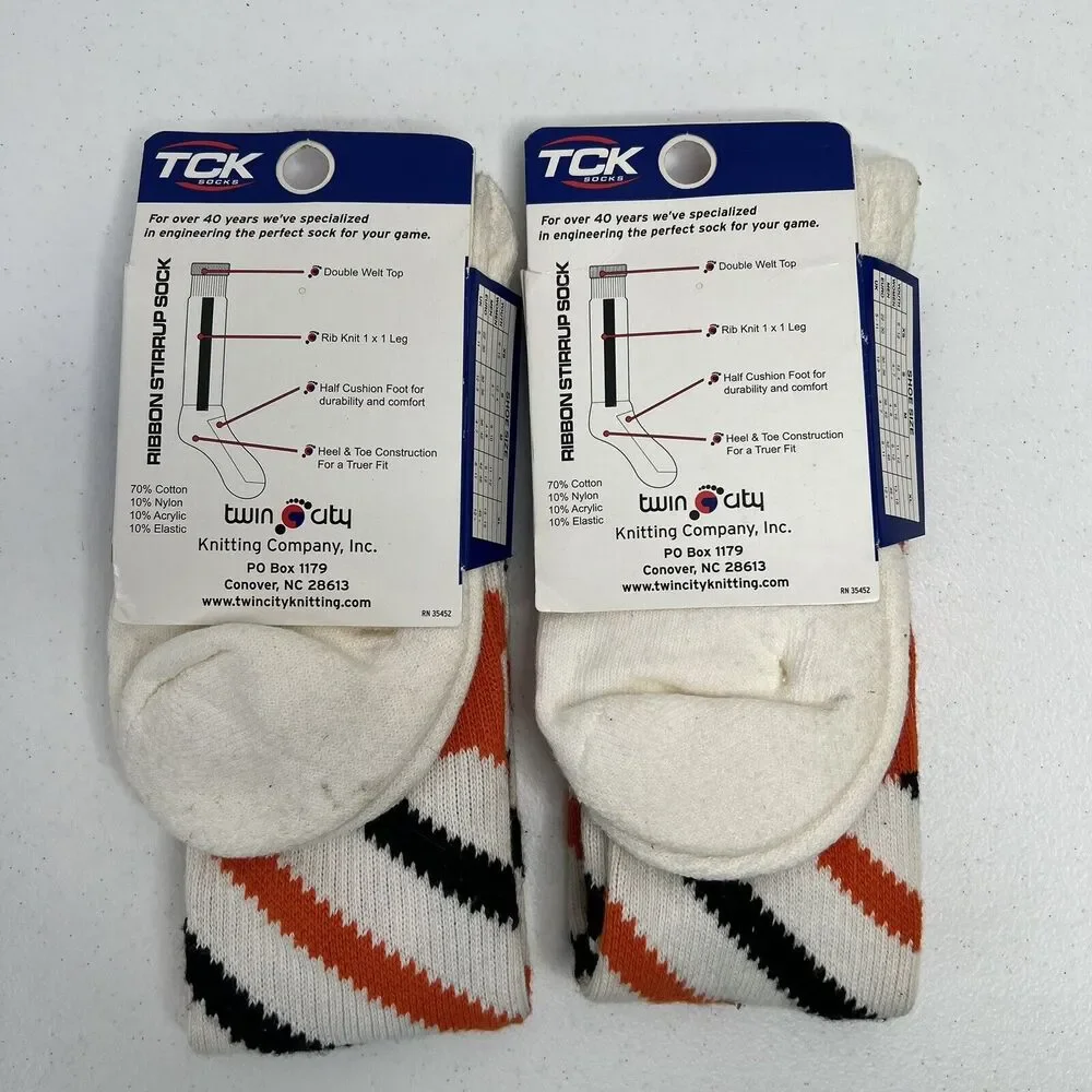 TCK Twin City Baseball Softball Ribbon Stirrup Tube Socks‎ White Orange Black